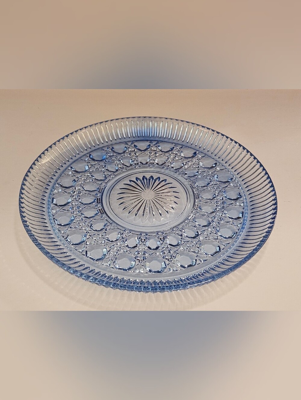 Blue Glass Starburst Plate - Pressed Glass Round Unmarked Vintage - 11 in